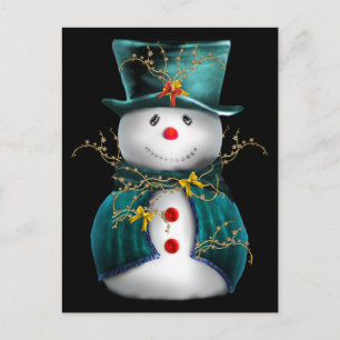 可愛い雪だるまで青と緑のベルベットのクリスマス シーズンポストカード