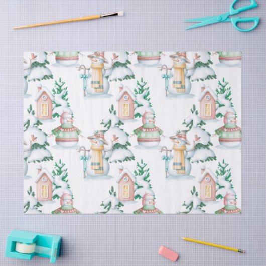 可愛い雪だるまとクリスマスツリーの切り離し 薄葉紙 (クラフト)