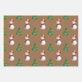 可愛い雪だるまとクリスマスツリーの水の色パターン ラッピングペーパーシート (正面3)