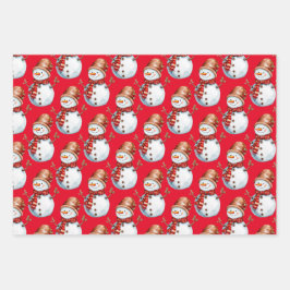可愛い雪だるまとクリスマスツリーの水の色パターン ラッピングペーパーシート