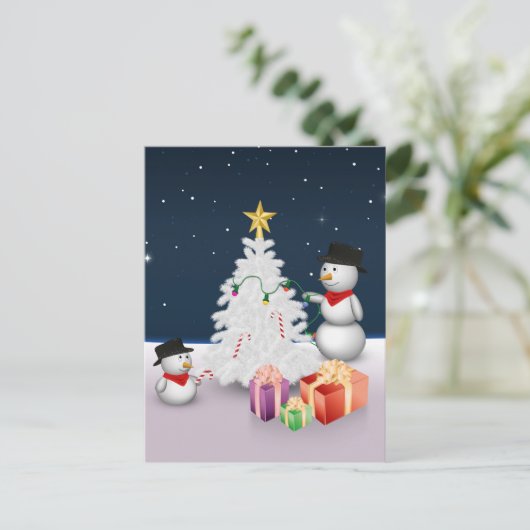 可愛い雪だるまとクリスマスツリー休日はがき シーズンポストカード (スタンド正面)