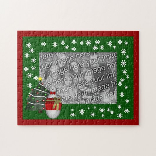 可愛い雪だるまと木の休日あなたの写真 ジグソーパズル (横)