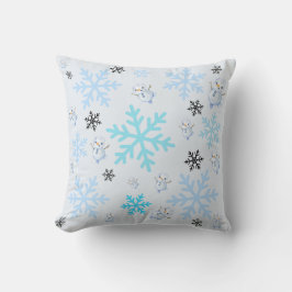 可愛い雪だるまと薄青色の雪片 クッション