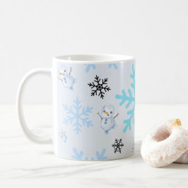 可愛い雪だるまと薄青色の雪片 コーヒーマグカップ