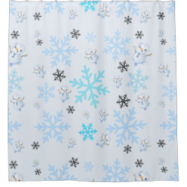 可愛い雪だるまと薄青色の雪片 シャワーカーテン