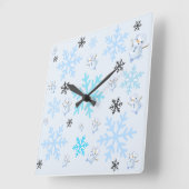 可愛い雪だるまと薄青色の雪片 スクエア壁時計 (傾斜)