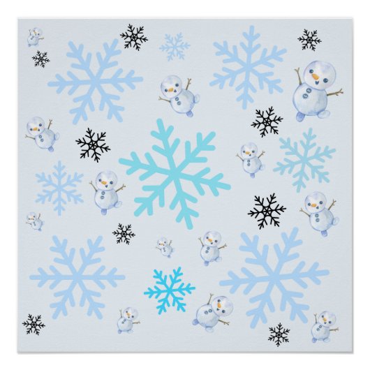 可愛い雪だるまと薄青色の雪片 ポスター (正面)