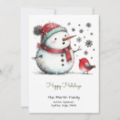 可愛い雪だるまと赤い鳥の幸せ シーズンカード (正面)