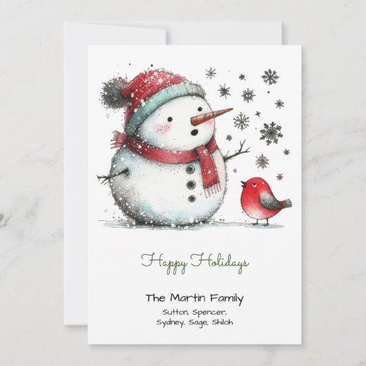可愛い雪だるまと赤い鳥の幸せ シーズンカード (正面)
