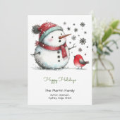 可愛い雪だるまと赤い鳥の幸せ シーズンカード (スタンド正面)