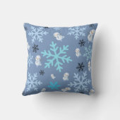 可愛い雪だるまと雪片をティール（緑がかった色）ブルー クッション (裏面)