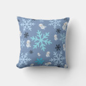 可愛い雪だるまと雪片をティール（緑がかった色）ブルー クッション (正面)