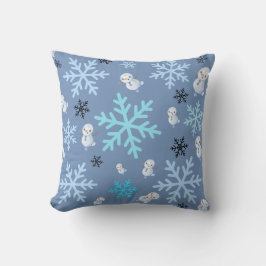 可愛い雪だるまと雪片をティール（緑がかった色）ブルー クッション