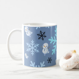 可愛い雪だるまと雪片をティール(緑がかった色)ブルー コーヒーマグカップ