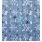 可愛い雪だるまと雪片をティール（緑がかった色）ブルー シャワーカーテン (正面)