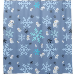 可愛い雪だるまと雪片をティール（緑がかった色）ブルー シャワーカーテン