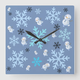 可愛い雪だるまと雪片をティール（緑がかった色）ブルー スクエア壁時計