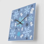 可愛い雪だるまと雪片をティール（緑がかった色）ブルー スクエア壁時計 (傾斜)