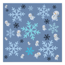 可愛い雪だるまと雪片をティール（緑がかった色）ブルー ポスター