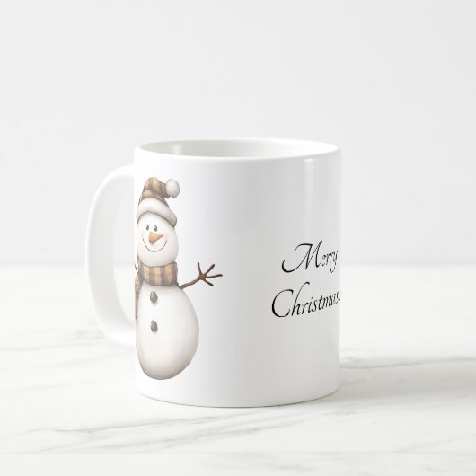 可愛い雪だるまのブラウンプレイドスカーフコーヒーマグ コーヒーマグカップ (正面左)