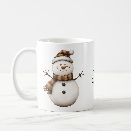 可愛い雪だるまのブラウンプレイドスカーフコーヒーマグ コーヒーマグカップ (左)