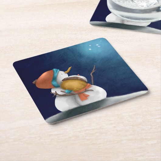 可愛い雪だるまの星空の夜クリスマスホリデー スクエアペーパーコースター (アングル)