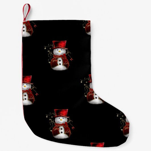 可愛い雪だるまインレッドベルベットのクリスマス スモールクリスマスストッキング (正面)