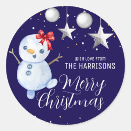 可愛い雪だるまクリスマスバウブルネイビーブルー ラウンドシール