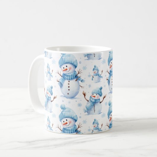 可愛い雪だるまブルーのクリスマスコーヒーマグを着た コーヒーマグカップ (正面左)