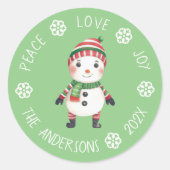 可愛い雪だるま平和ラブジョイスノーフレーククリスマス ラウンドシール (正面)