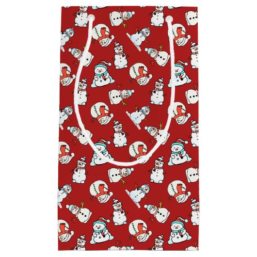 可愛い雪だるま柄 – 赤いクリスマス スモールペーパーバッグ (正面)