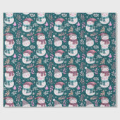 可愛い雪だるま緑の雪の結晶グリーンクリスマス ラッピングペーパー (フラット)