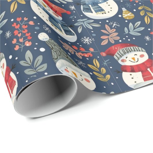 可愛い雪だるま緑の雪の結晶ブルークリスマス ラッピングペーパー (ロールコーナー)