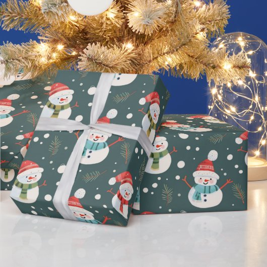 可愛い雪だるま緑の雪の緑クリスマス ラッピングペーパー (クリスマス)