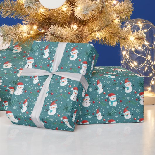 可愛い雪だるま緑の雪の緑クリスマス ラッピングペーパー (クリスマス)