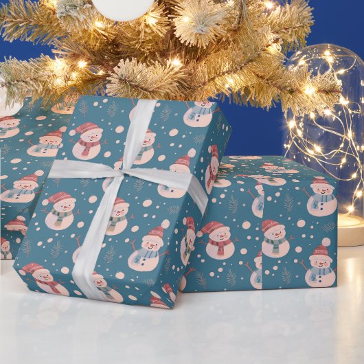 可愛い雪だるま緑の雪青クリスマス ラッピングペーパー (クリスマス)