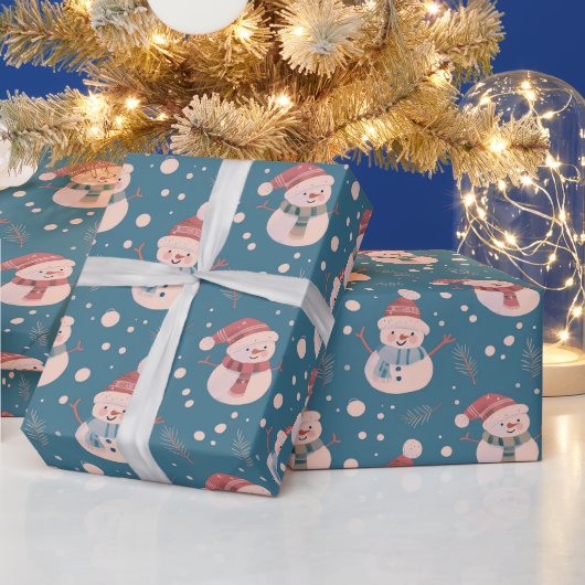可愛い雪だるま緑の雪青クリスマス ラッピングペーパー (クリスマス)