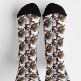 可愛い雪だるま食べ物を与えのロビンクリスマスデザイン ソックス