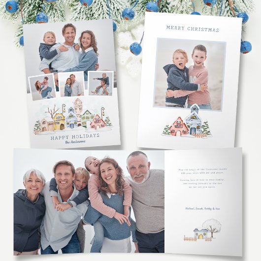 可愛い雪をかぶったクリスマスコテージ4枚 三つ折りカード