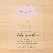 可愛い雲とハートピンクと金ゴールドベビー散布 アクリル招待状 (正面)