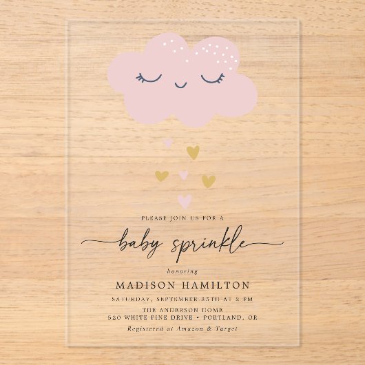 可愛い雲とハートピンクと金ゴールドベビー散布 アクリル招待状 (正面)