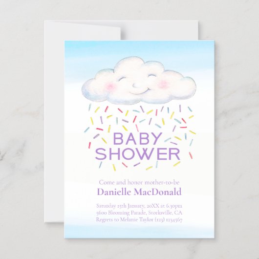 可愛い雲のキャンディが水の色の赤ちゃんシャワーを振る マグネット招待状 (正面)