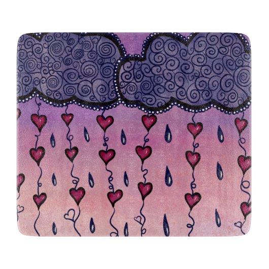 可愛い雲、ハート、雨粒 カッティングボード (正面)