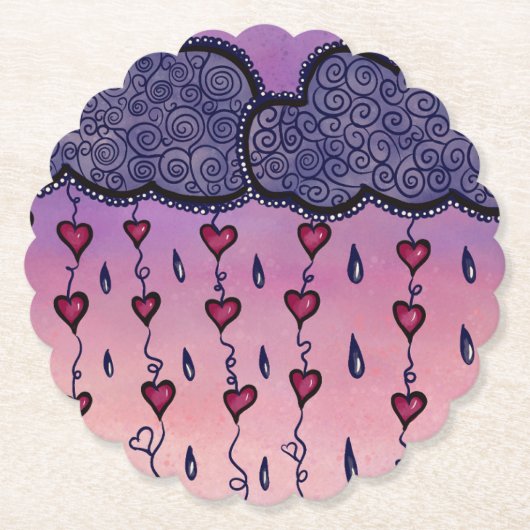 可愛い雲、ハート、雨粒 ペーパーコースター (正面)