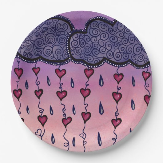 可愛い雲、ハート、雨粒 ペーパープレート (正面)