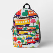 可愛い電車と木が青く染まる プリントバックパック (正面)