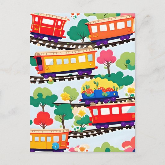 可愛い電車と木が青く染まる ポストカード (正面)