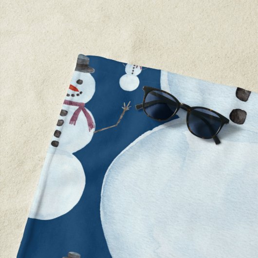 可愛い霜の降りた青雪だるま水彩柄 ビーチタオル (インサイチュ)