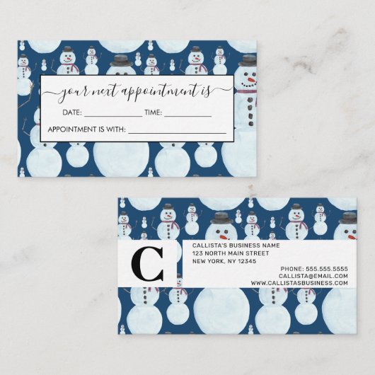 可愛い霜の降りた青雪だるま水彩柄 予約カード (正面/裏面)