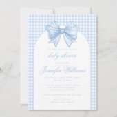 可愛い青いギンガムリボン弓リボンアーチ男の赤ちゃんシャワー 招待状 (正面)